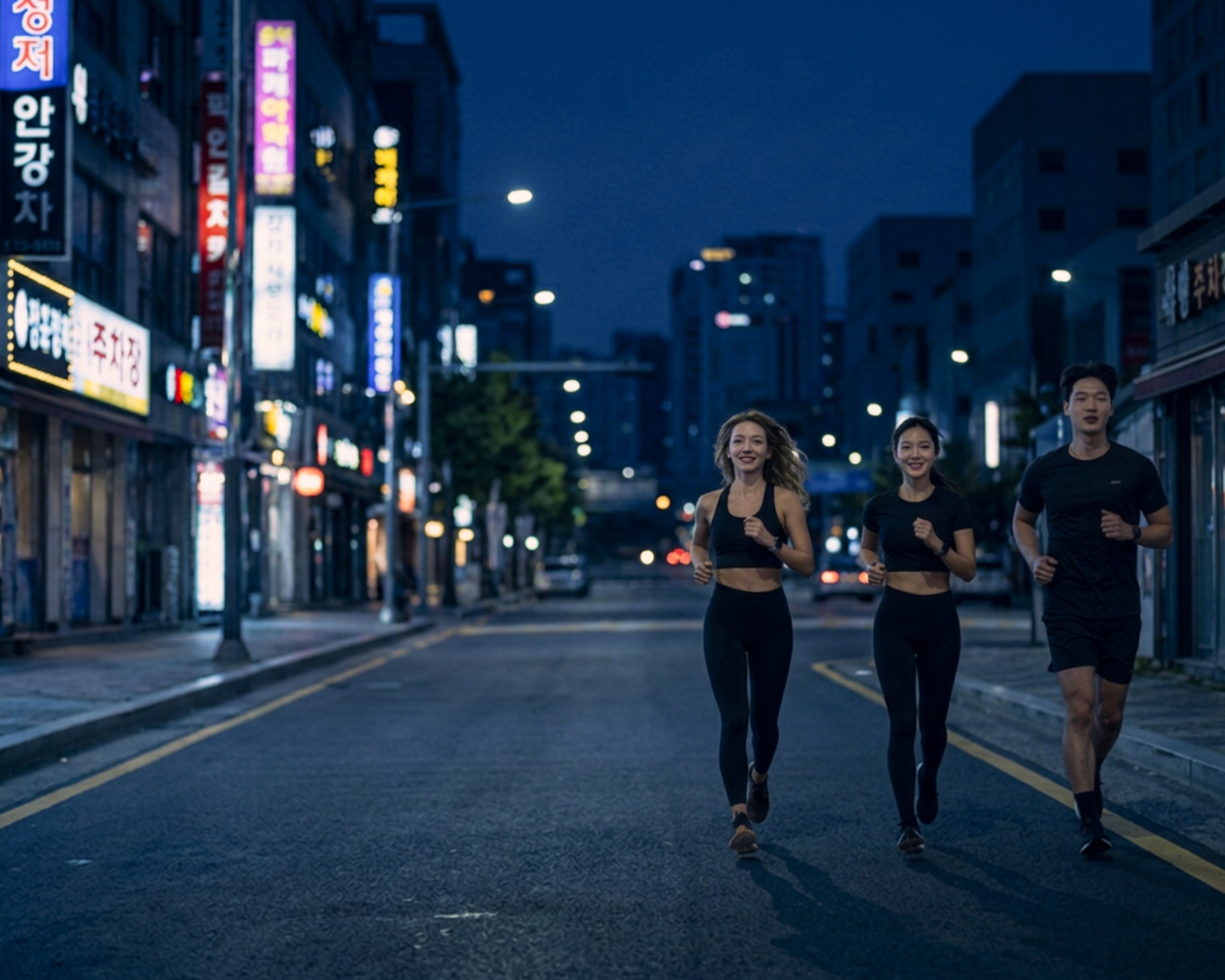 Tre runner corrono di sera in una strada di Seoul illuminata dalle insegne al neon