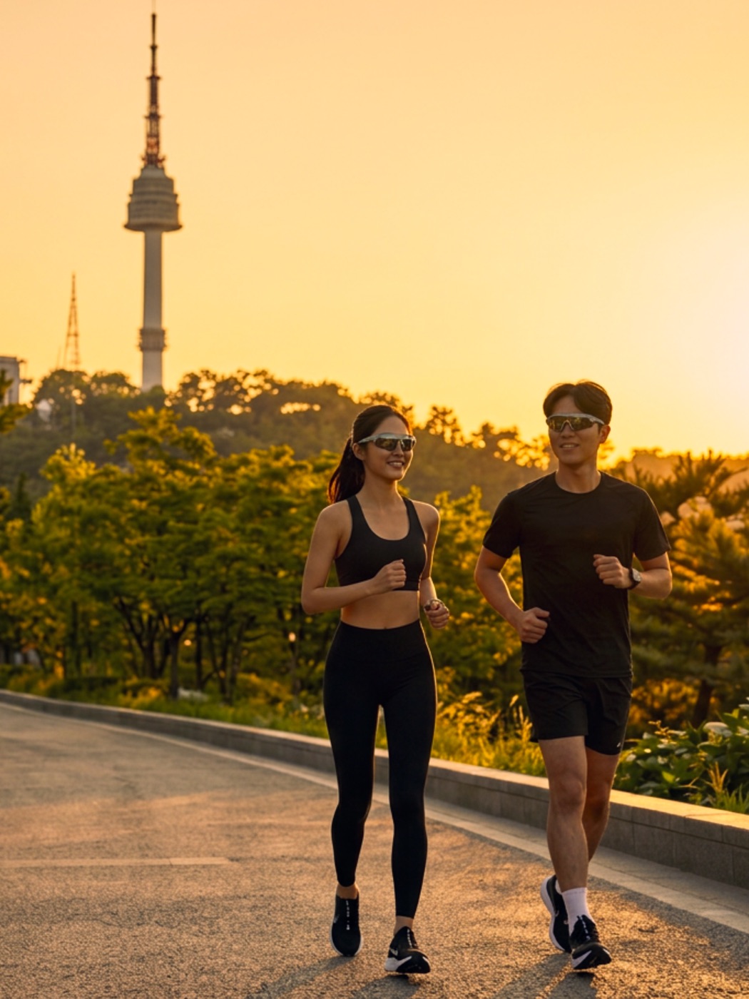 Due runner corrono al tramonto con la N Seoul Tower sul monte Namsan sullo sfondo